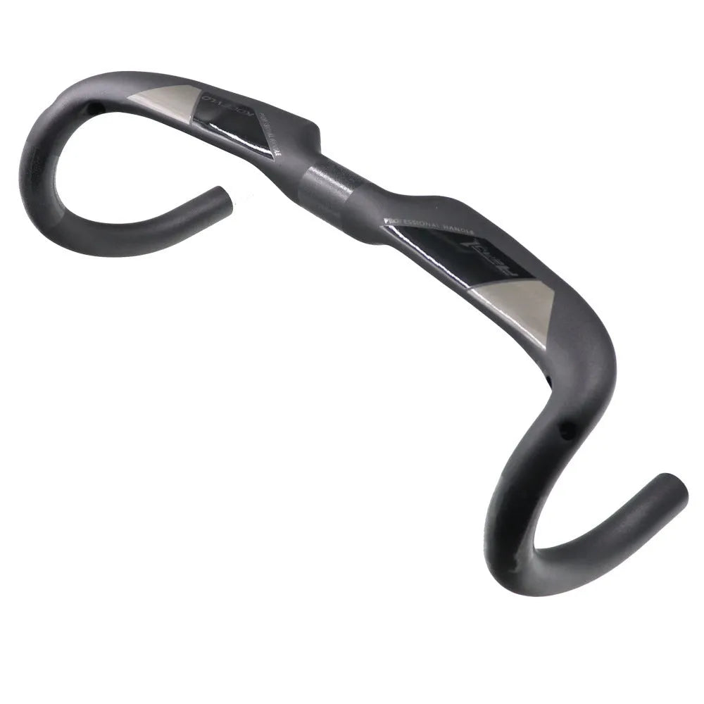 Matt black carbon fibre road bicycle drop handlebar showing four size options