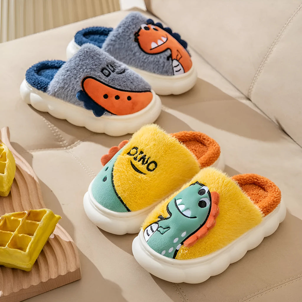 Plush cotton indoor slippers with dinosaur patterns in gray, coffee, and orange colour options
