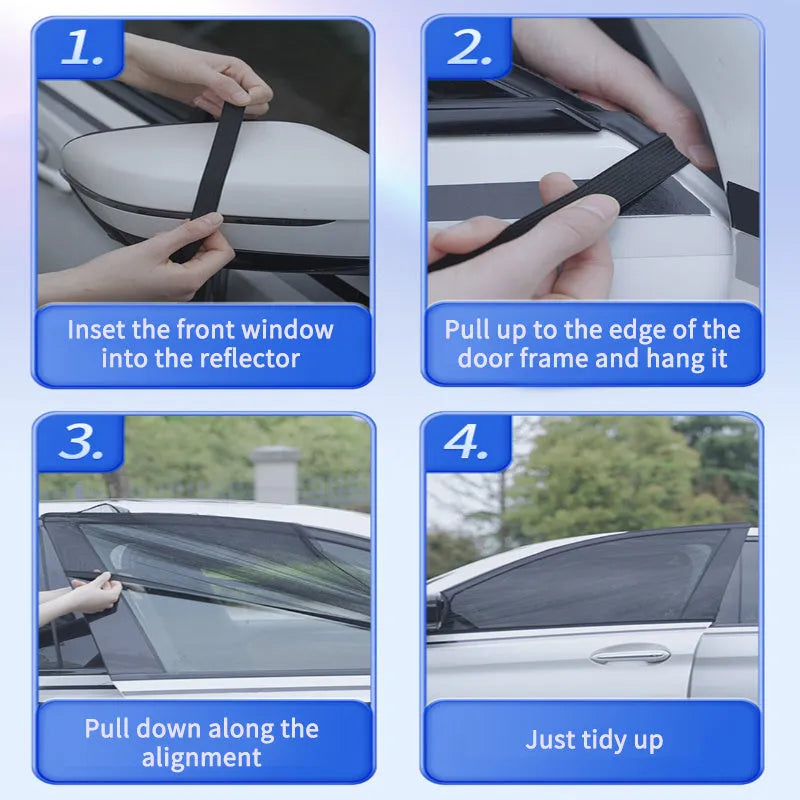 Set of four non-woven fabric mesh sunshades installed on car front and rear side windows.