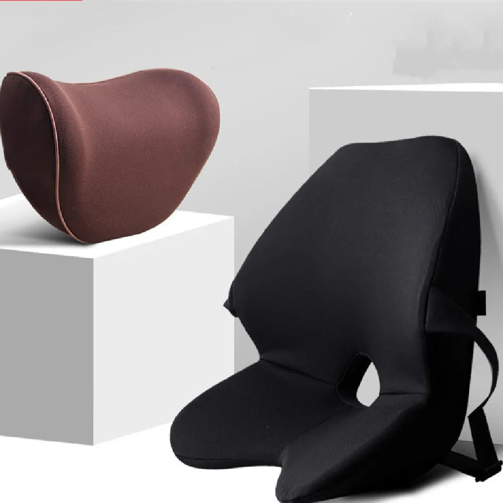 Memory foam car lumbar support pillow with adjustable straps in beige colour