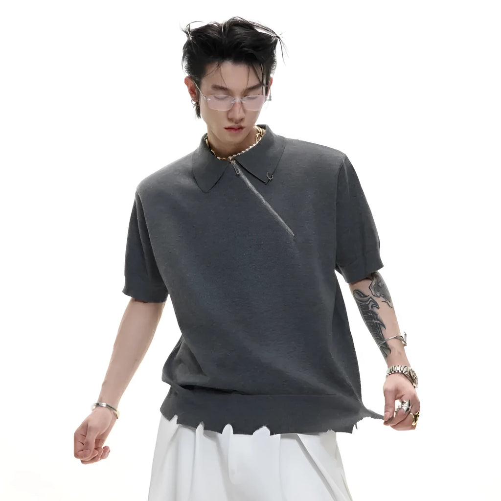 Men's black slim-fit knitted polo shirt with oblique zipper and lapel collar