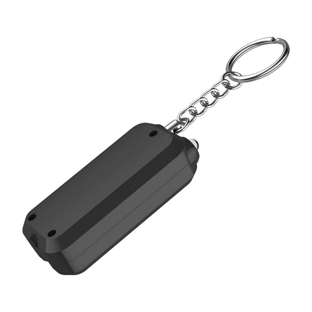 Compact pink personal safety alarm for women with keychain, shown next to its white box.