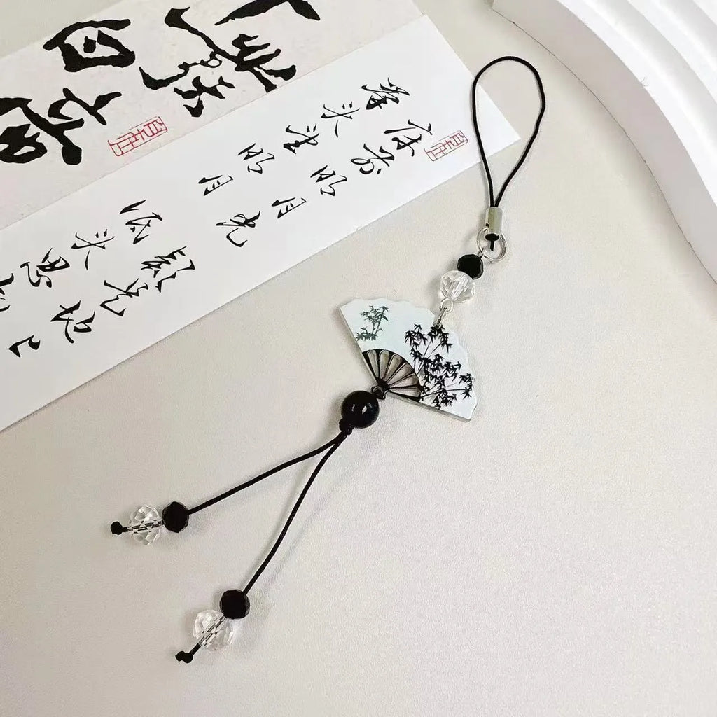Guofeng style bead pendant keychain with plants and flowers pattern in baked varnish finish.