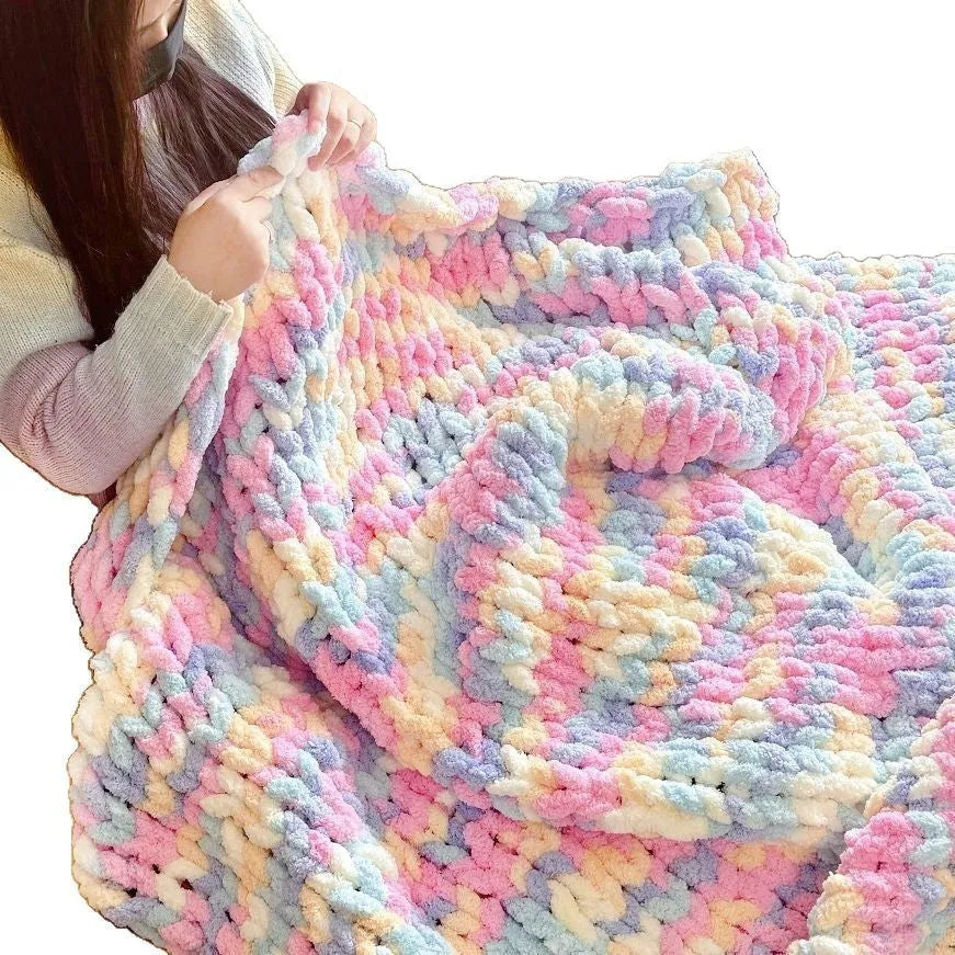 Coarse yarn chenille knitted blanket with braided gravity edge in modern simplicity style