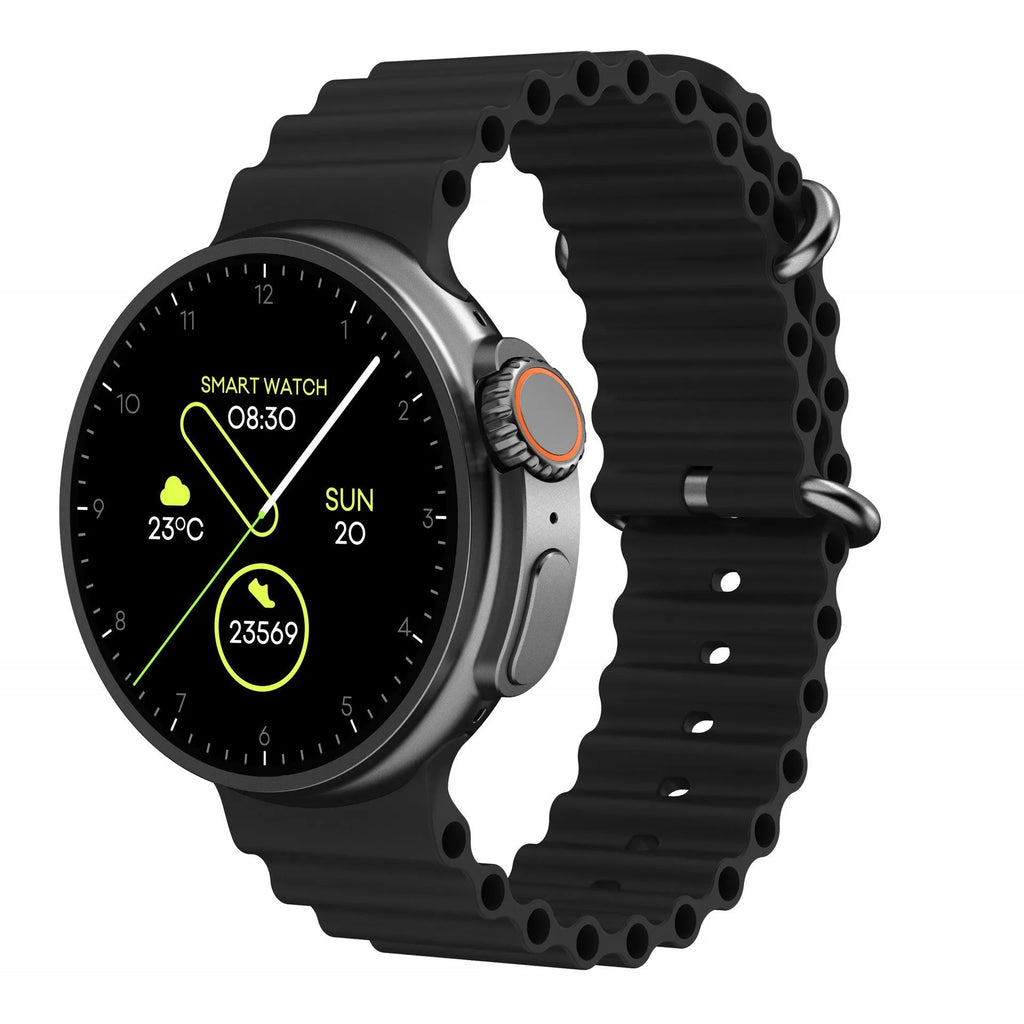 K9 smart watch with round screen on silicone strap showing health metrics and NFC payment function