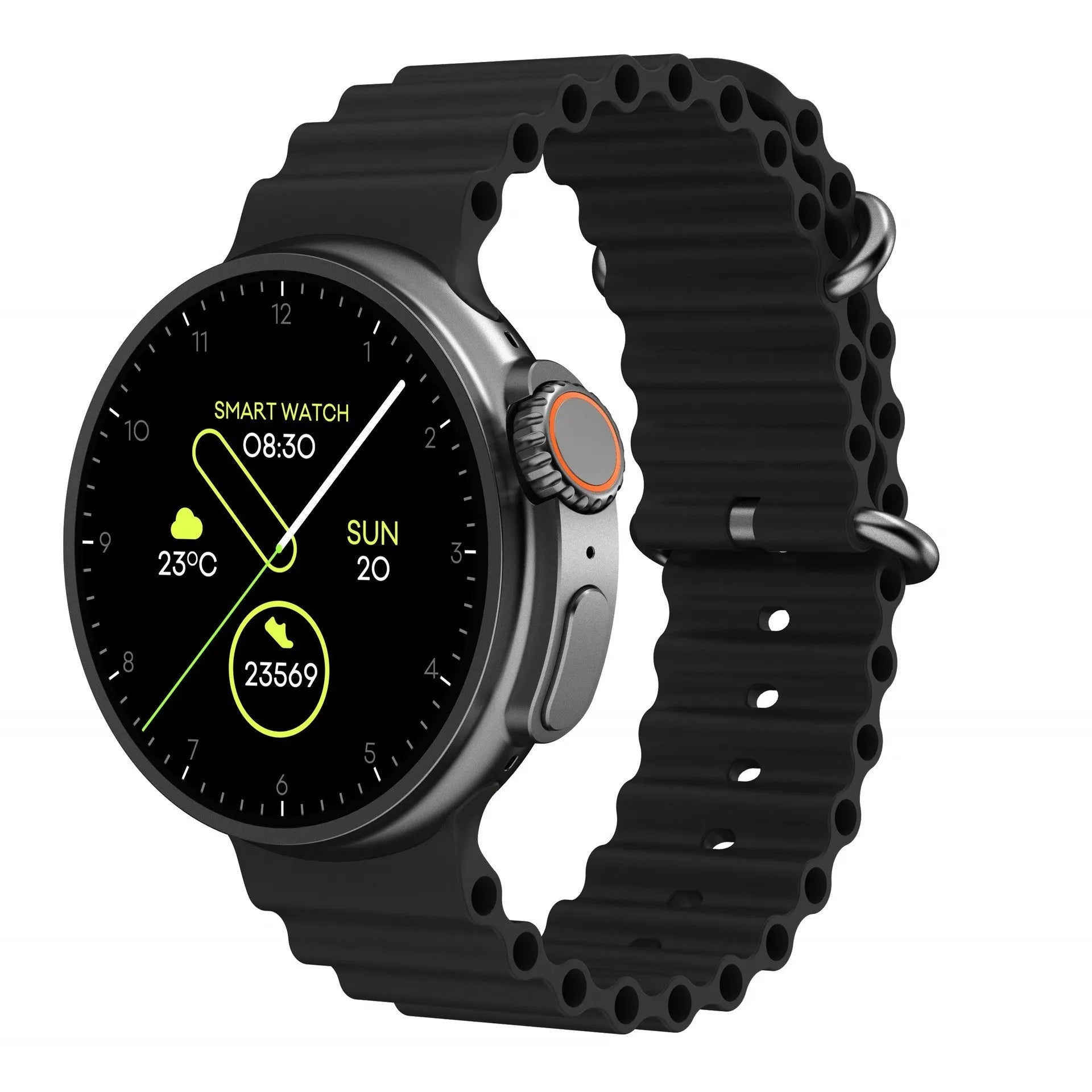 K9 smart watch with round screen on silicone strap showing health metrics and NFC payment function