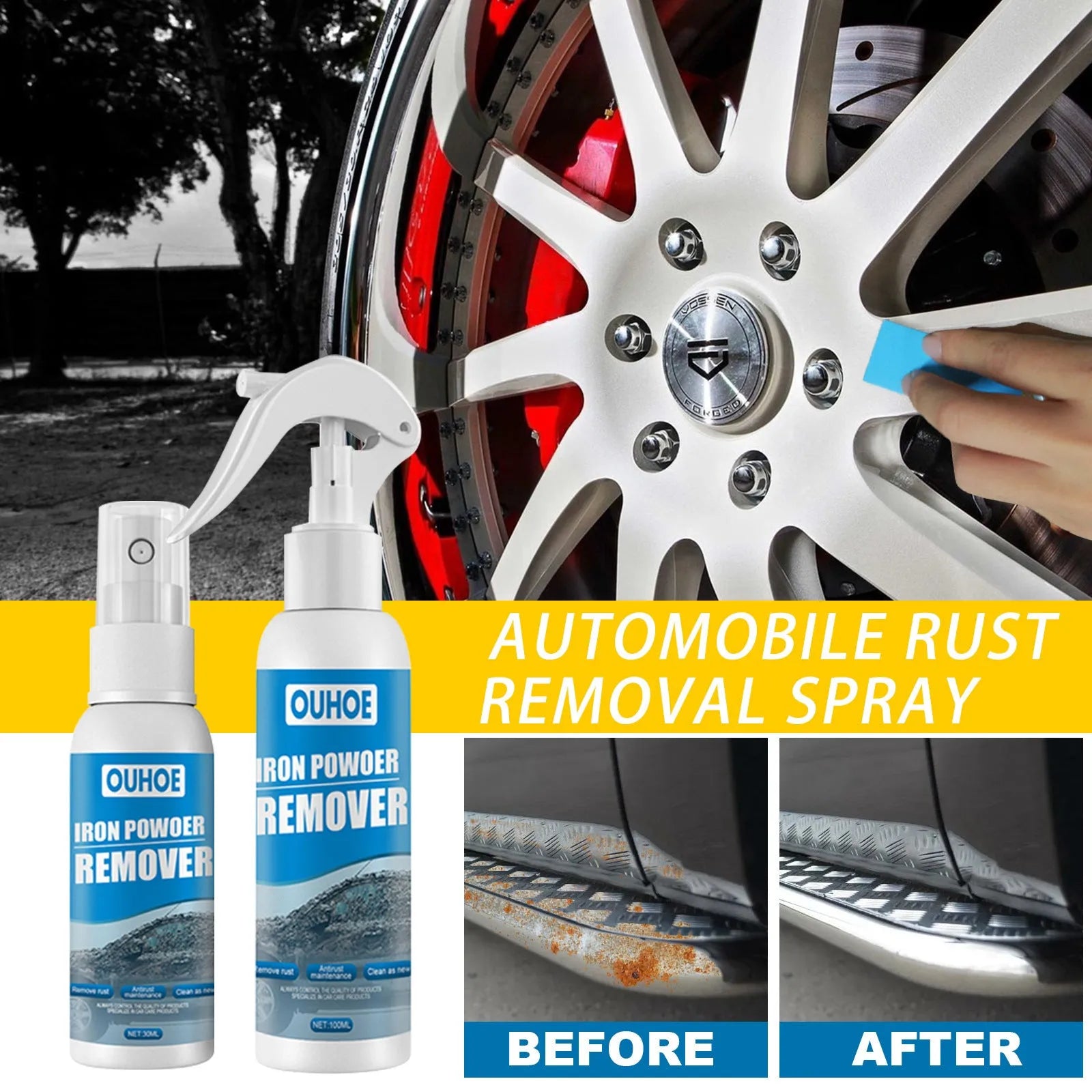 Car rust remover spray kit with blue sponge, towel, 30ml and 100ml bottles