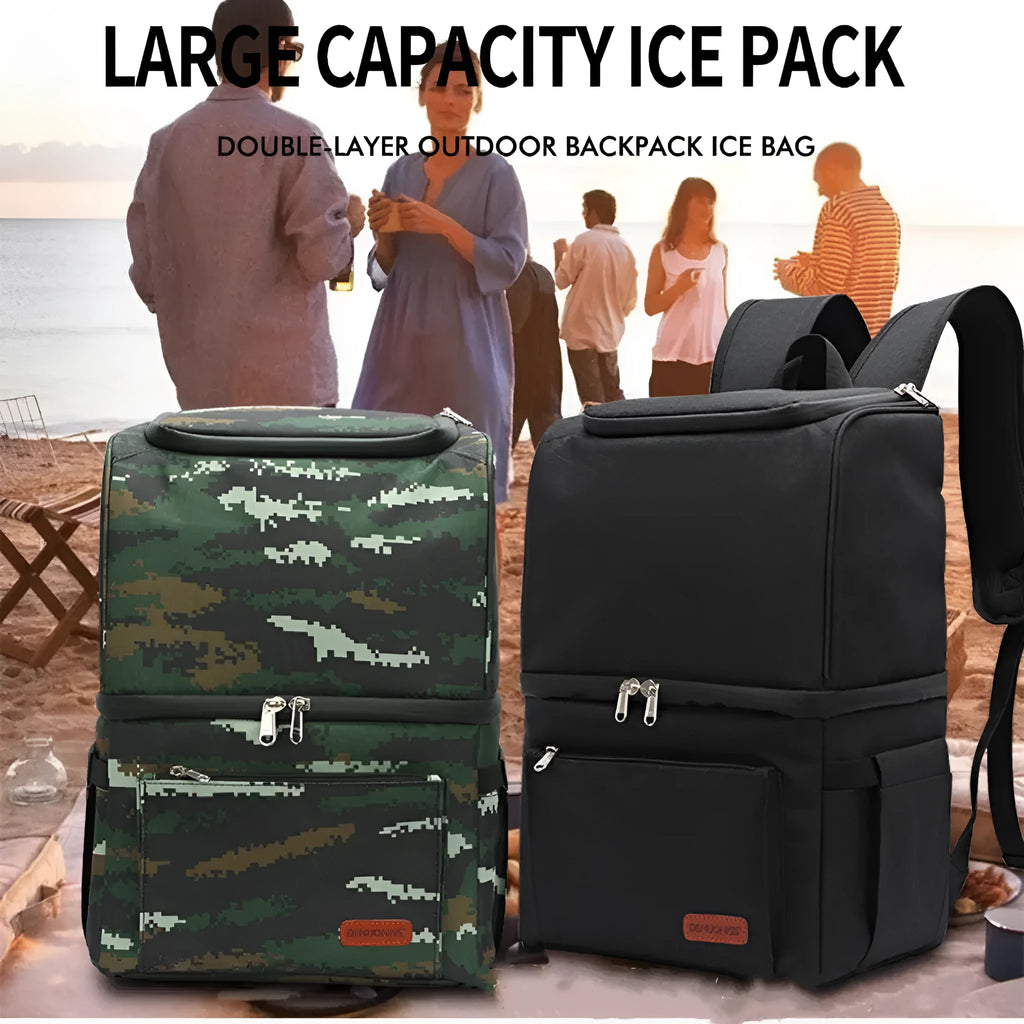 Blue insulated waterproof picnic backpack with double-layer construction and ice pack compartment