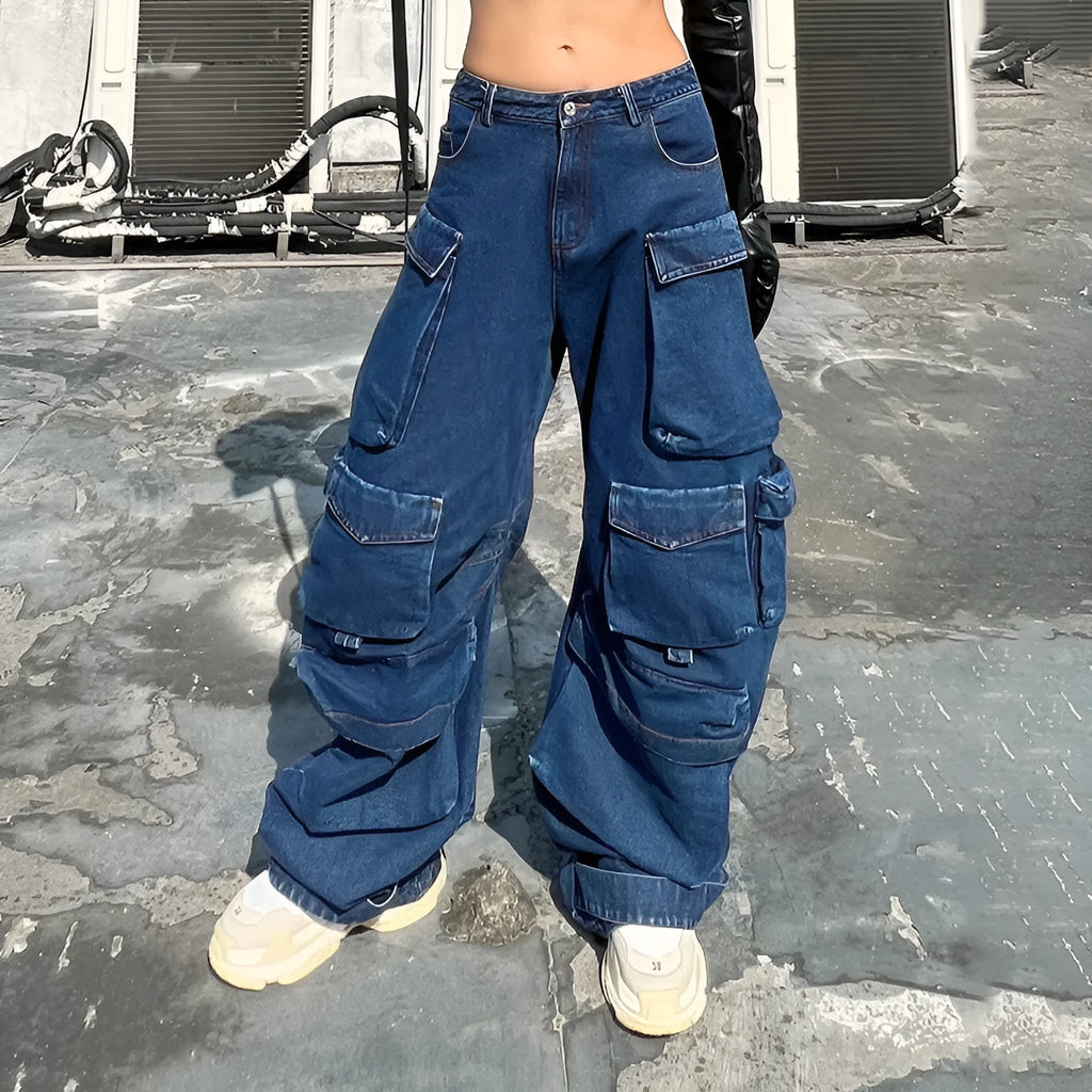 Dark blue distressed wide-leg high-waist jeans with multiple pockets on a mannequin.