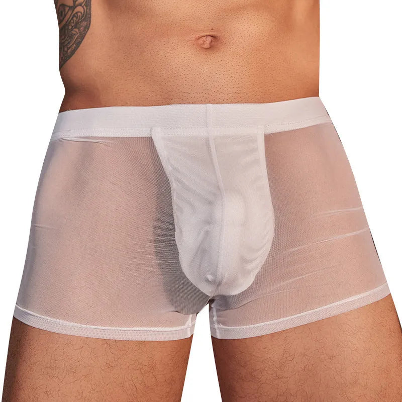 Men's black and white ultra-thin nylon boxer briefs showing front and back views