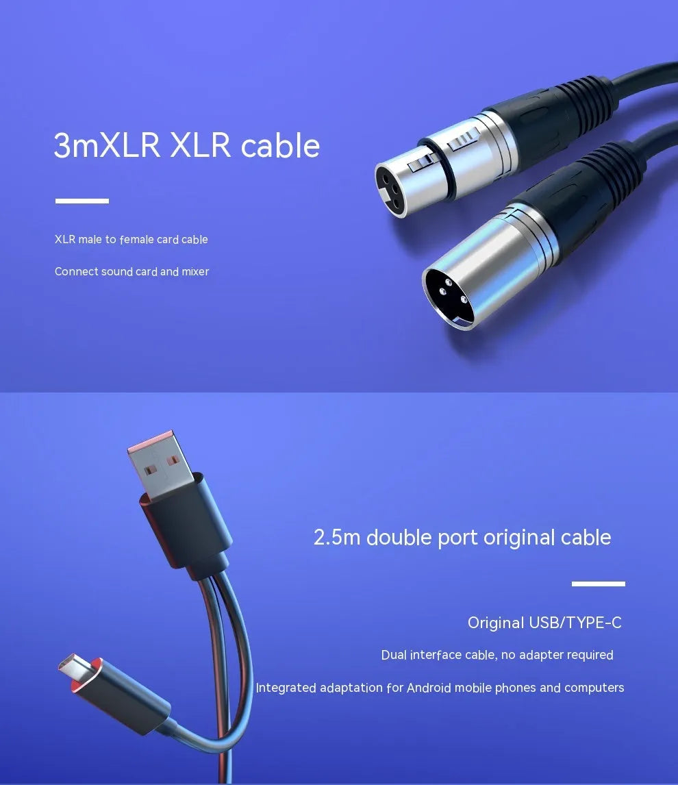 USB dynamic noise reduction microphone with XLR cable, USB cable, and base mount in black colour