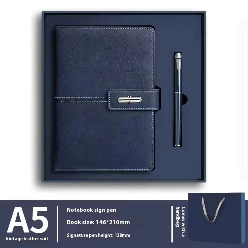 A5 notebook with a PU leather cover, open to show wood-free paper pages.