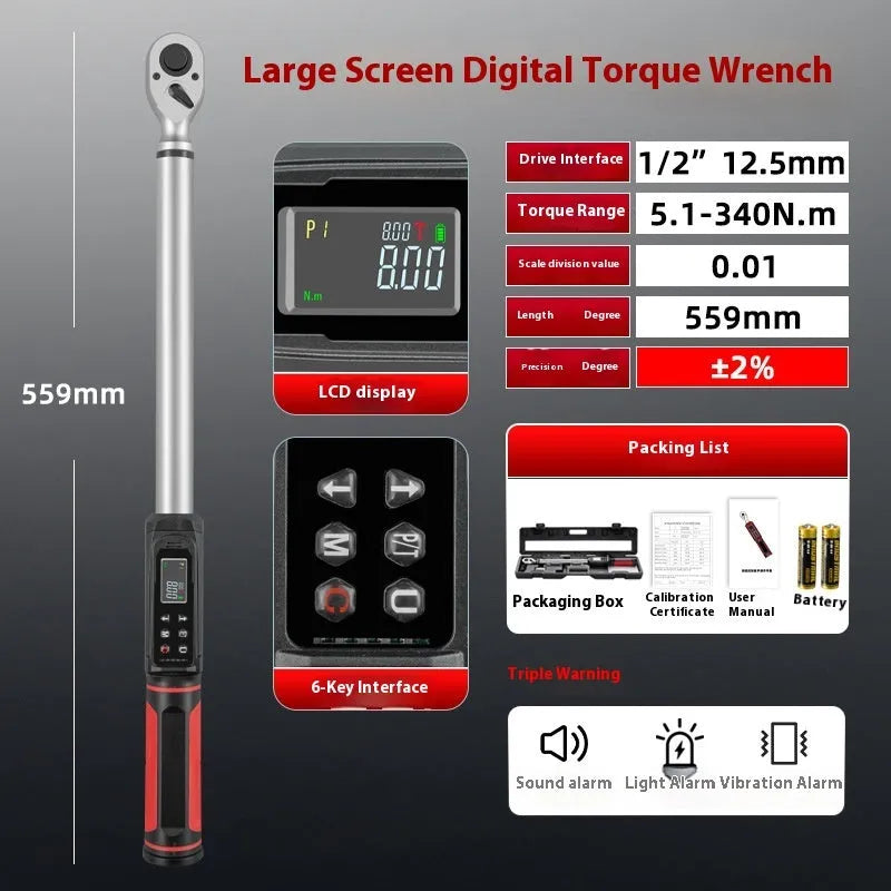 Electronic digital display torque wrench with LCD screen on chrome-vanadium steel shaft.