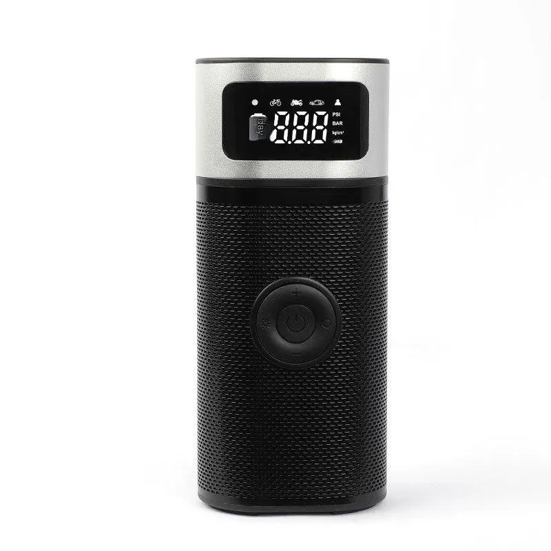 Black portable wireless vehicle air pump with USB charging cable, 15cm tube, and nozzles for bicycle, ball, and swimming ring.