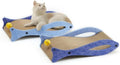 Blue fish-shaped cat scratcher cardboard lounge with bell toy and wavy surface for indoor cats