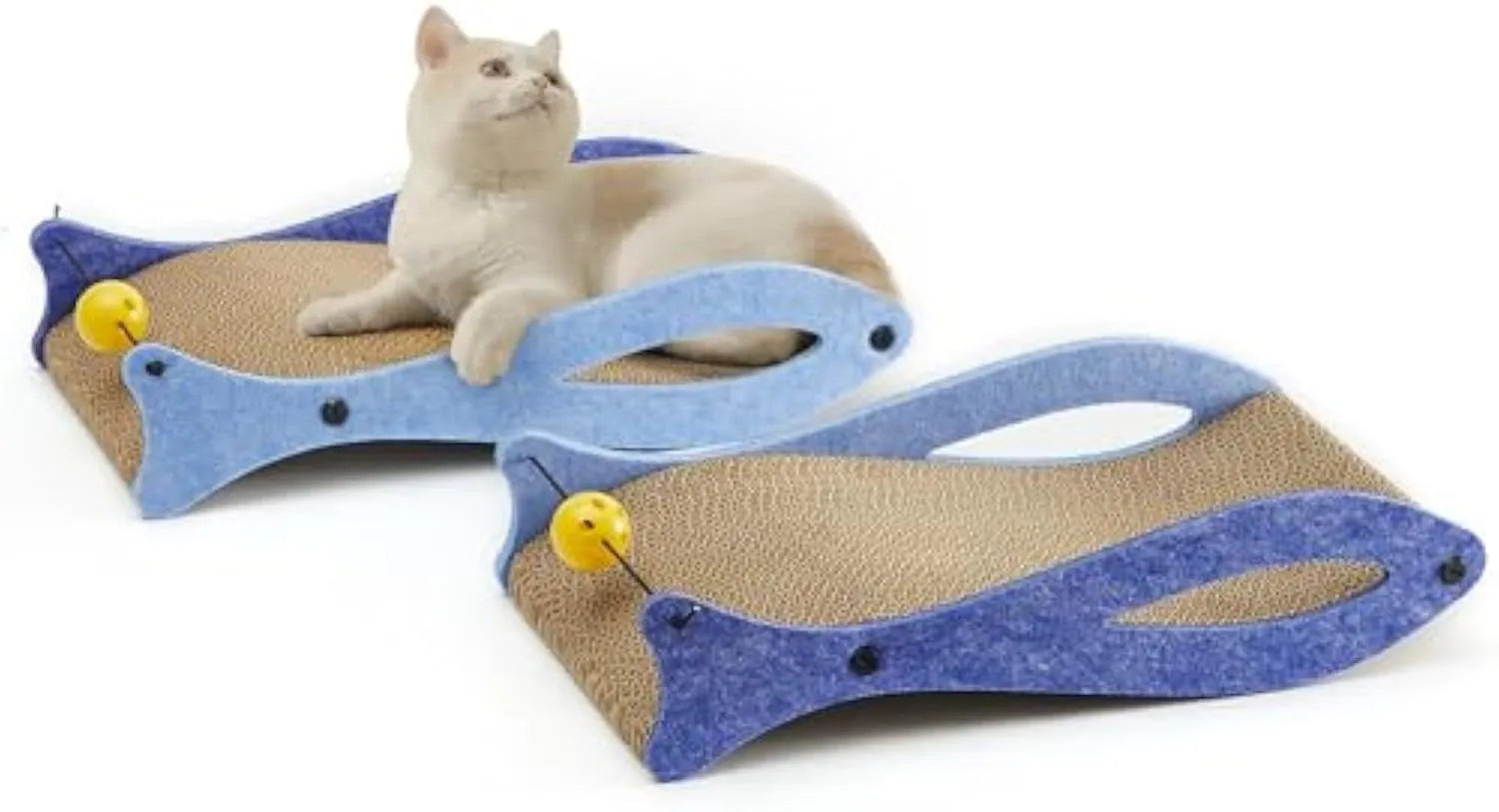 Blue fish-shaped cat scratcher cardboard lounge with bell toy and wavy surface for indoor cats
