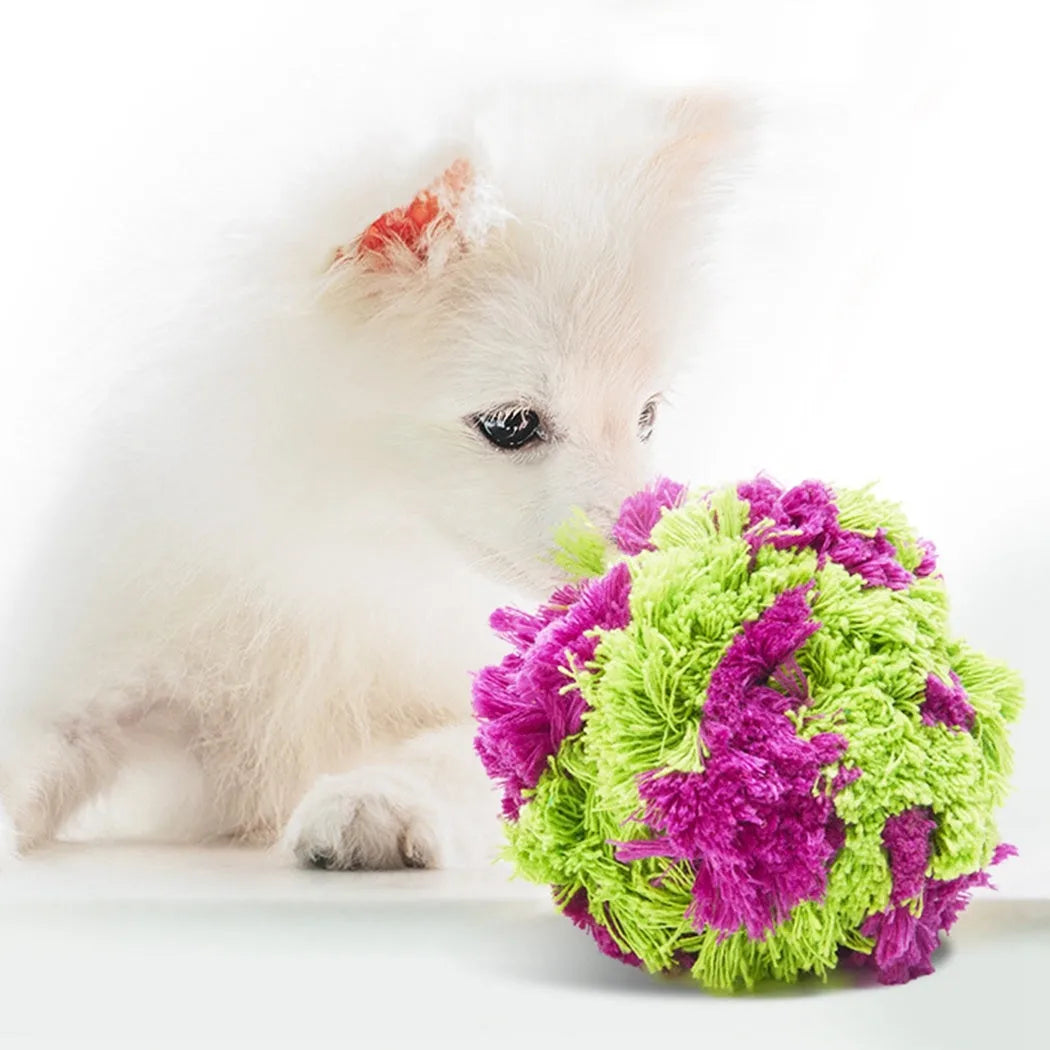 Purple plush seaweed ball dog chew toy measuring 15cm diameter for interactive play