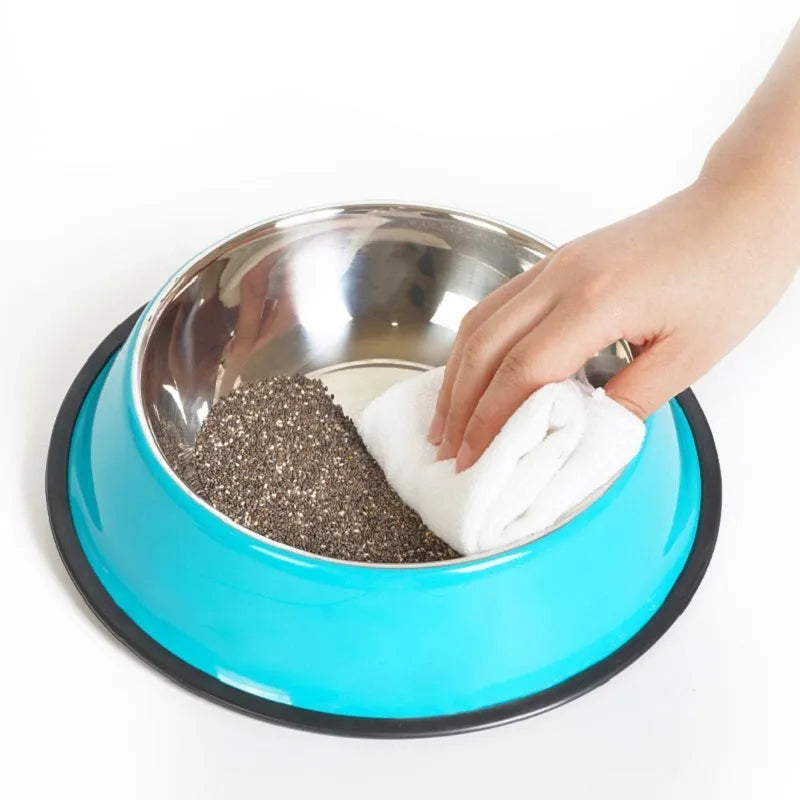 Stainless steel pet bowl with colourful melamine exterior and non-slip rubber ring base