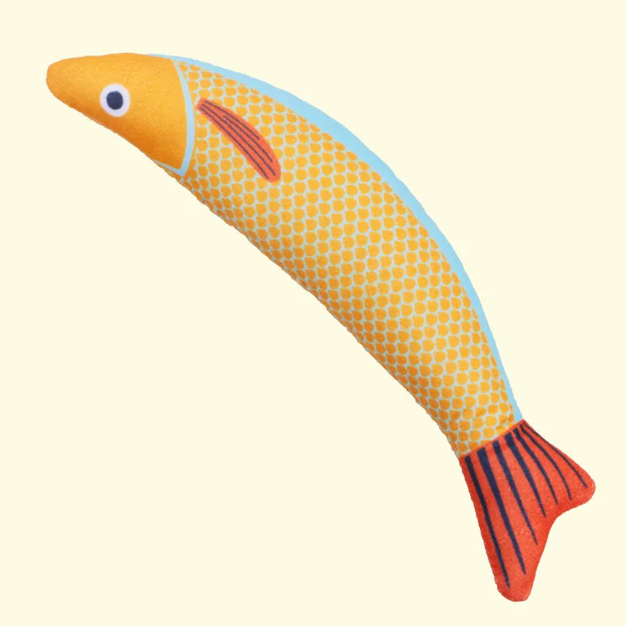 Soft plush fish cat toy with organic catnip and crinkle sound in green orange and yellow colours for kittens