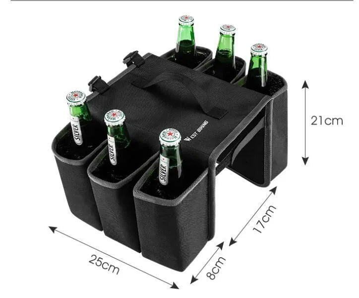 Black and orange double-sided bicycle drink bag made from 600D PVC mounted on handlebars.
