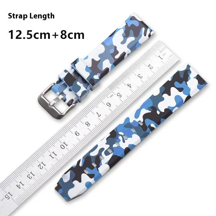 Camouflage patterned silicone watch strap showing blue, grey, and green colour options in 20mm, 22mm, and 24mm widths