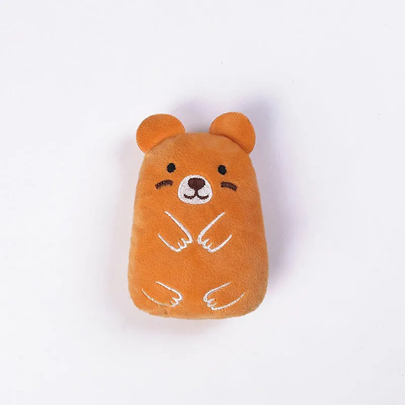 Small plush cat toy with catnip for teeth grinding and chewing play, measuring 11cm long in various animal designs and colours