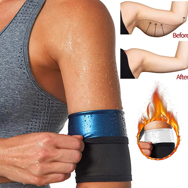 Blue and silver sports arm sweatband shown on an arm, with other colour variants including black and red displayed alongside.