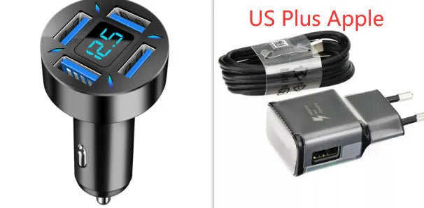 Black four-port USB car charger with LED digital display plugged into a vehicle socket.