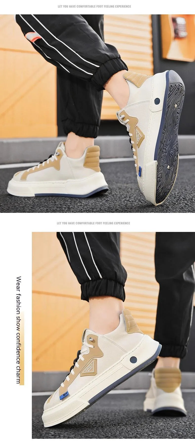 Men's beige low-top sneakers with elastic band and round toe.