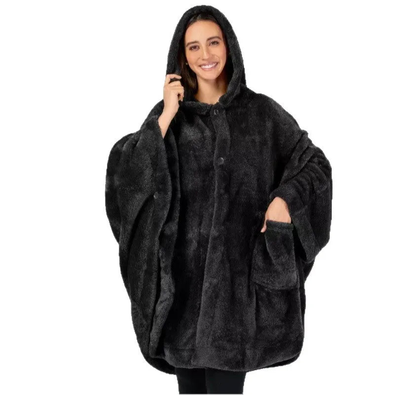 Thick hooded polyester bathrobe in cardigan style, shown in black, dark grey, or pink colour options.