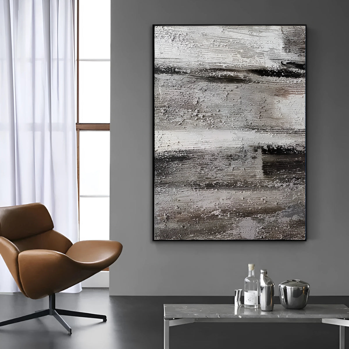 Handmade grey abstract oil painting on canvas, rolled and frameless, for living room or bedroom wall decor