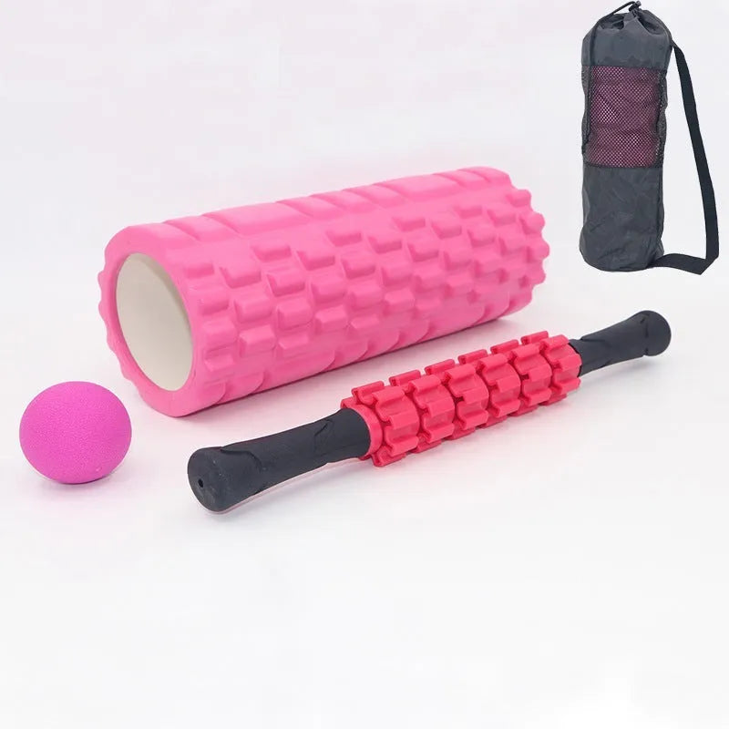 Black six-piece foam massage roller measuring 33 cm long with segmented design