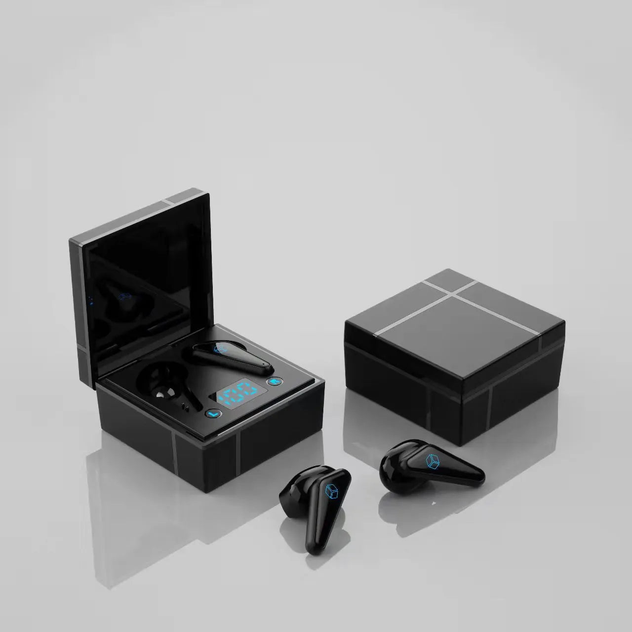 Wireless gaming headset with digital display showing Bluetooth 5.0 connectivity and available in blue and white colour option