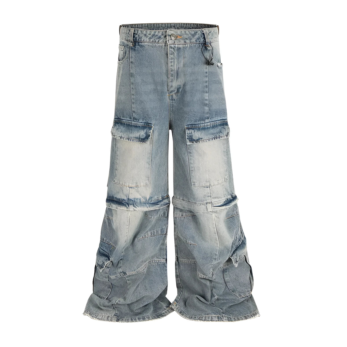 Black washed-out cotton overalls on a hanger, showing detachable pockets and a zip fly.