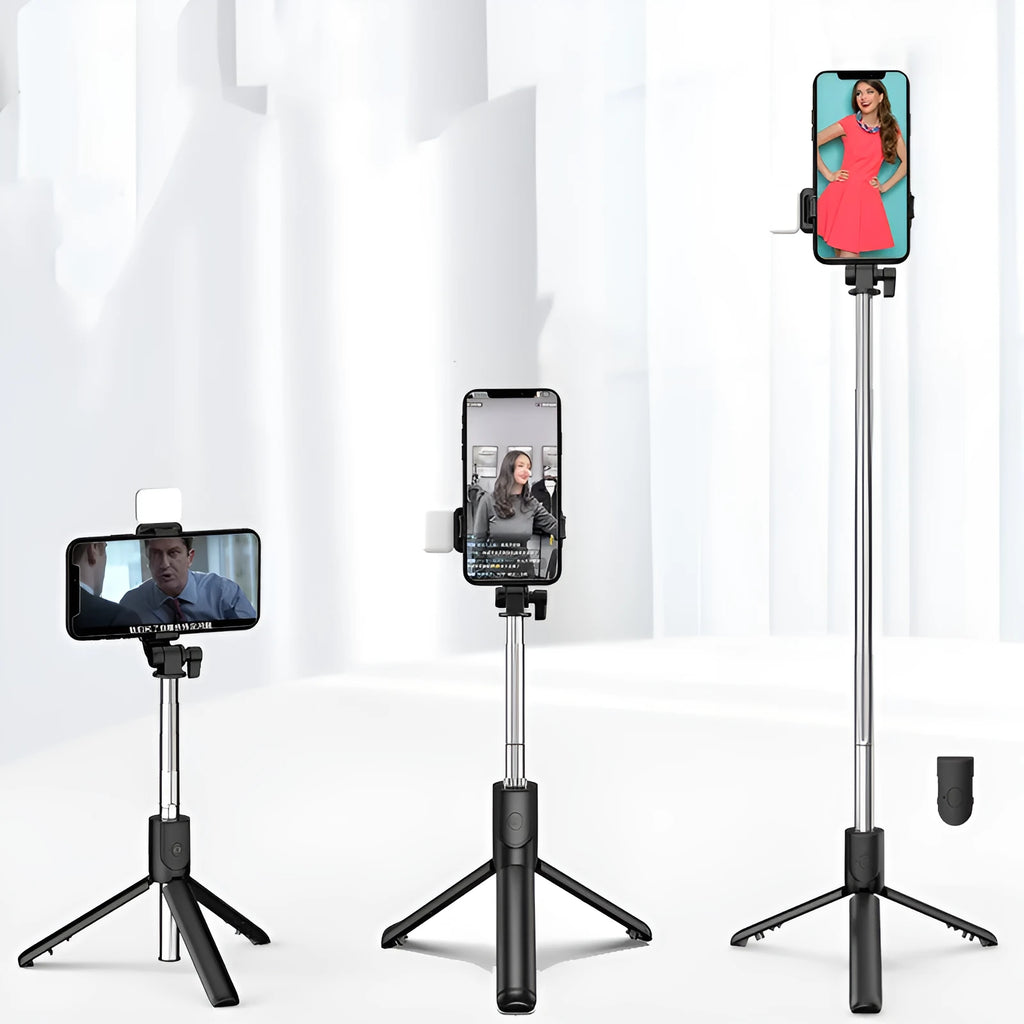 Aluminium Bluetooth selfie stick and tripod with phone holder in black, extended for use.