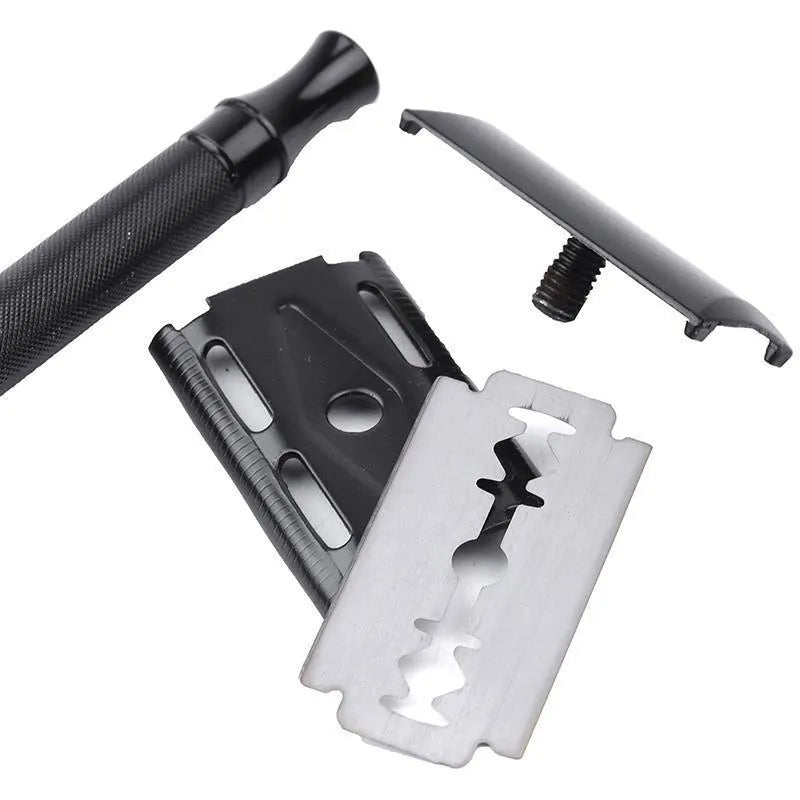 Manual barber shaving razor and brush combination set in traditional metal construction