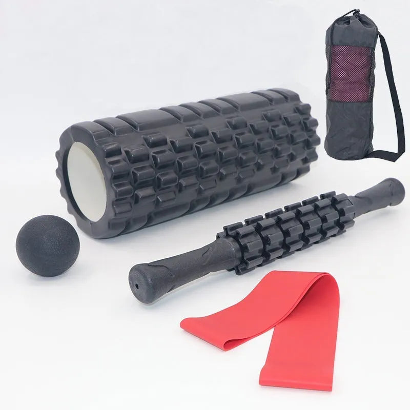 Black six-piece foam massage roller measuring 33 cm long with segmented design
