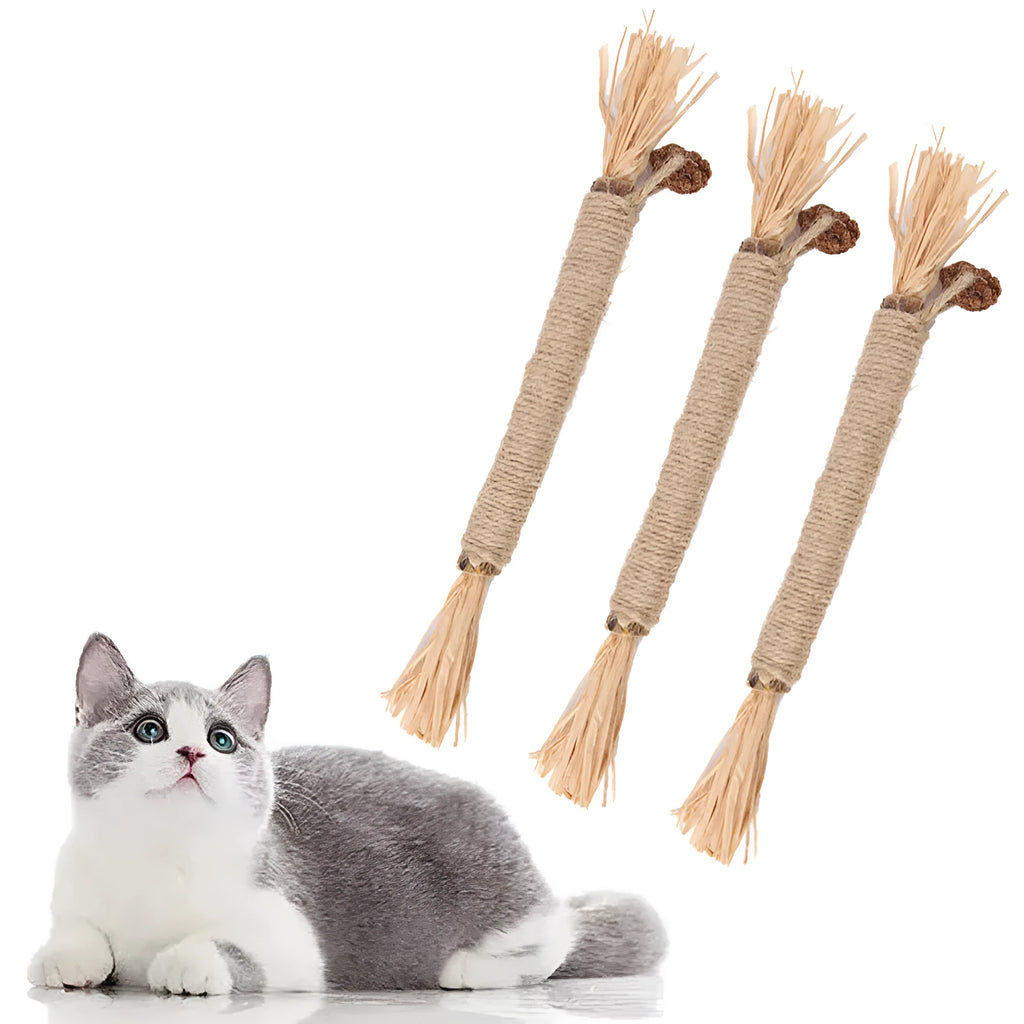 3 pack of natural silvervine chew sticks for cats with sisal rope, fine and thick diameter options