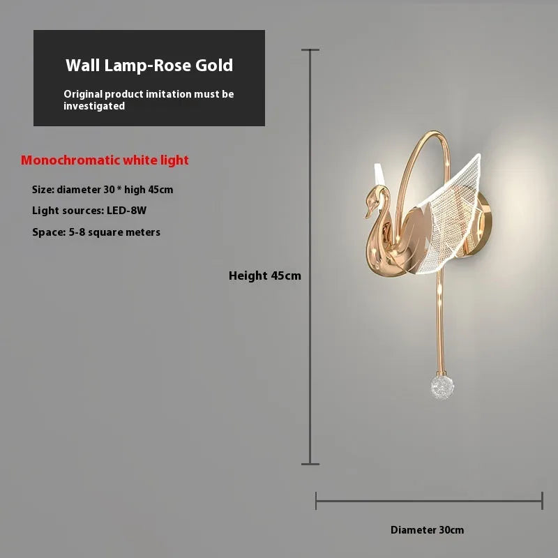 Modern gold swan-shaped wall lamp with acrylic shade and dimmable multi-colour LED lighting
