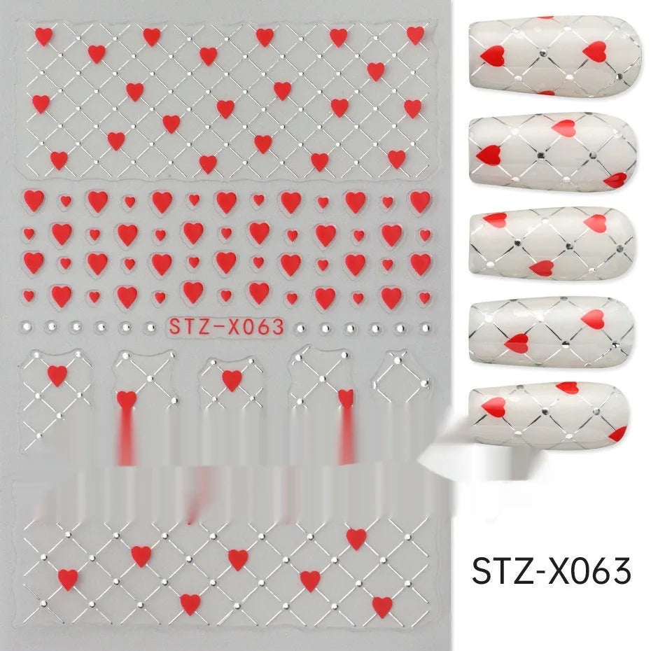 Cartoon love pattern nail art sticker decals in black and silver colours on a plastic sheet.