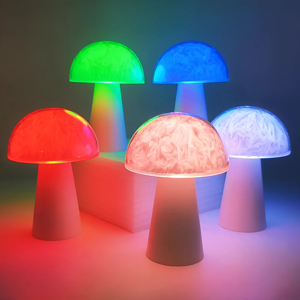 Mushroom-shaped RGB colour-changing ambience light with remote control on wooden surface