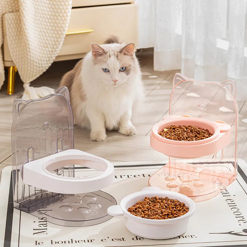 Grey cat feeding bowl with cat ears design, adjustable height, and removable hanging cage attachment
