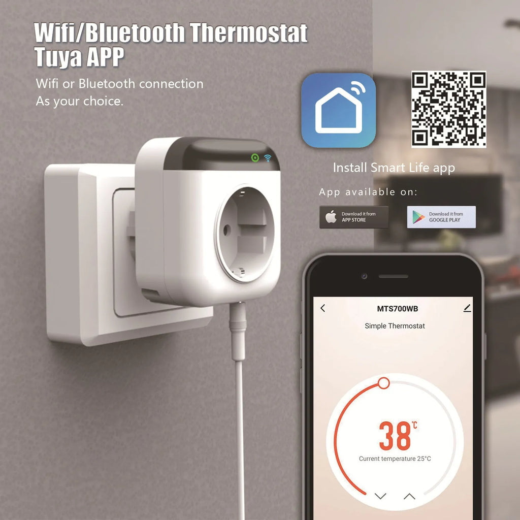 White Tuya WiFi smart socket with temperature sensor probe and US plug configuration