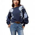 Sapphire Blue women's loose pullover with woven floral jacquard pattern and off-neck collar.