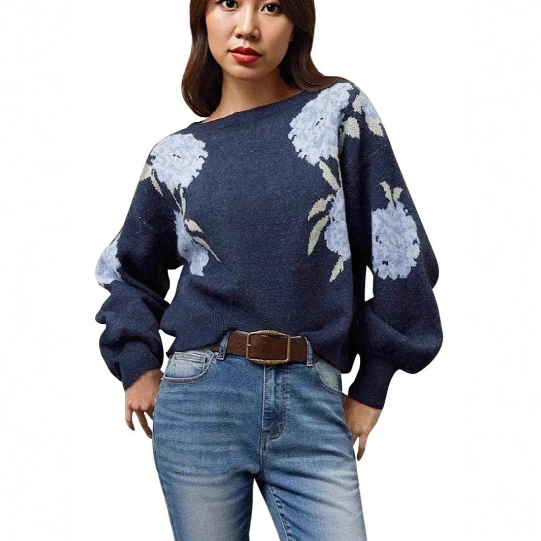 Sapphire Blue women's loose pullover with woven floral jacquard pattern and off-neck collar.