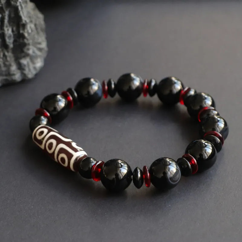 Hand-woven black agate Dzi bead bracelet with 11mm geometric chalcedony stones in national style