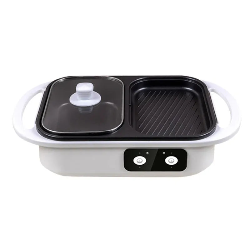 White or green electric hot pot appliance with dual caldron and frying oven functions for 2-3 people