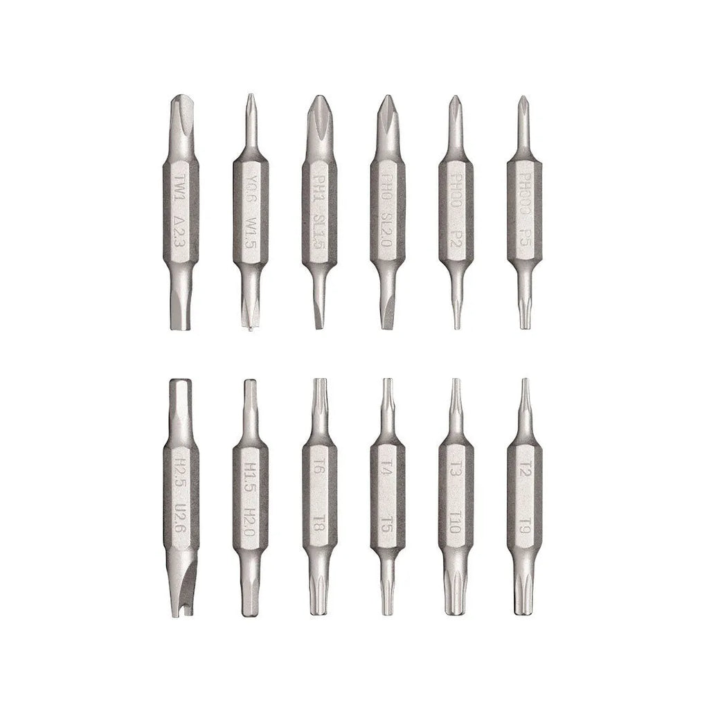 24-in-1 aluminium repair screwdriver set with magnetic bit storage, shown in slate black, for mobile phone and computer disassembly.