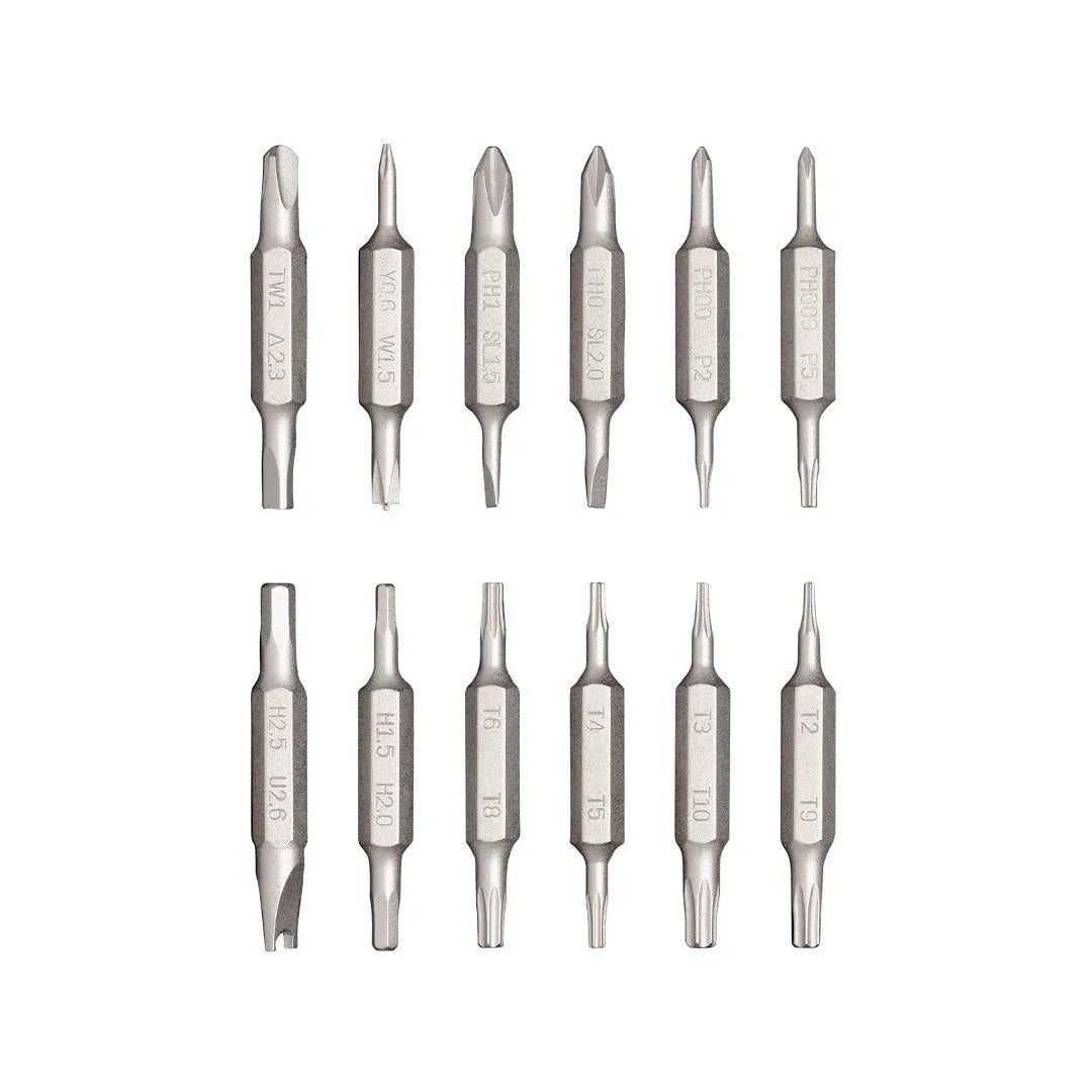 24-in-1 aluminium repair screwdriver set with magnetic bit storage, shown in slate black, for mobile phone and computer disassembly.
