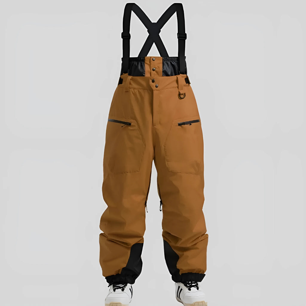 Men's adjustable strap waterproof ski trousers in black, brown, khaki, and navy blue colours.
